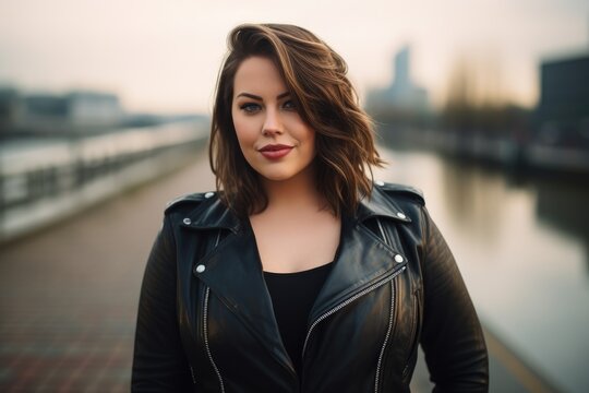 A woman strikes a pose, wearing a sleek black leather jacket, while getting her picture taken, Stylish plus size women in a black leather jacket against a blurry city background, AI Generated