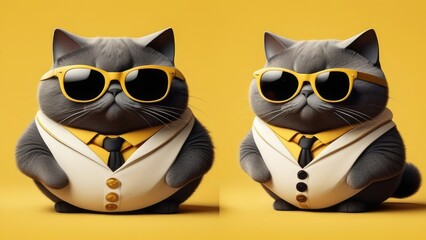 Obraz premium Two cute, fat sailor cat, wearing sunglasses, dynamic, anthropomorphic, isolated, on a yellow background, expressive style. Travel concept. For design, print, postcard, greeting card.