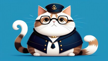 Cute fat sailor cat, glasses, dynamics, Anthropomorphic, full body, isolated on a blue background, for a card, flyer