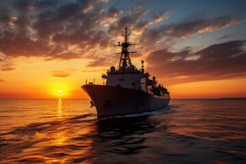 Fototapeta premium A massive ship sails gracefully across the endless expanse of open water, Sunset over a navy ship on the open sea, AI Generated