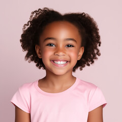 A photo of a little black girl (between 6 and 12 years old ) modeling for kids jewelry website . white background and wearing baby pink