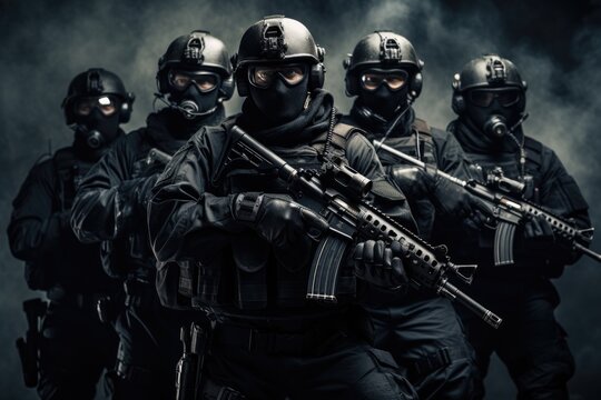 A powerful image of a group of soldiers holding guns in their hands ready for action, Swat team in uniform with gun ready pose, AI Generated