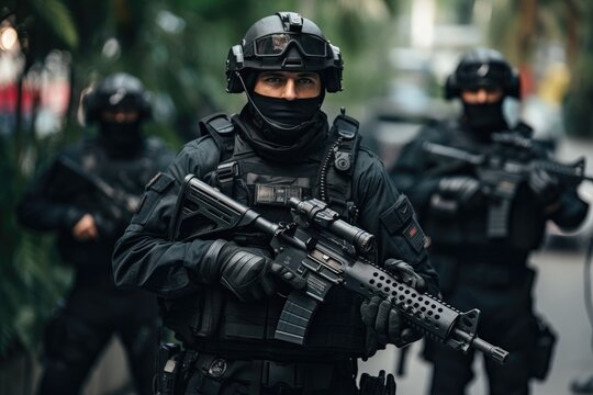 A group of men dressed in military gear walk in an orderly fashion down a city street, Swat team in uniform with gun ready pose, AI Generated