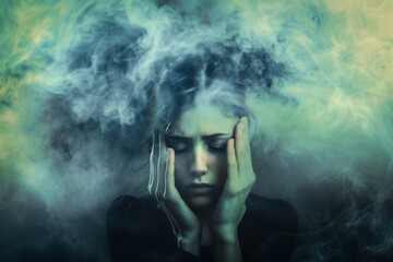 Fototapeta premium Surreal depressed woman suffered from mental illness,stressed,over thinking,anxiety,mental illness concept.