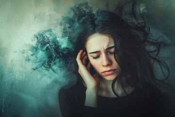 Fototapeta premium Surreal depressed woman suffered from mental illness,stressed,over thinking,anxiety,mental illness concept.