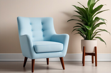Cozy blue modern armchair and a beautiful flower, against the background of a wall in the apartment, interior detail