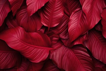 Close-Up View of Vibrant Red Leaves in a Group, Textures of abstract red leaves for tropical leaf background, Flat lay, AI Generated