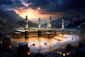 Majestic Painting of Building Amidst Mountains, the beautiful view of the city of Mecca and also...