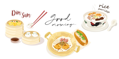 Traditional Thai Breakfast Delights - Dim Sum, Fried eggs, and Rice Porridge vector illustration isolated