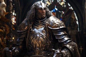 Obraz premium Get a detailed look at a statue of a knight, showcasing the intricate details of their medieval armor and weaponry, The Grandeur of the Medieval Knight, AI Generated