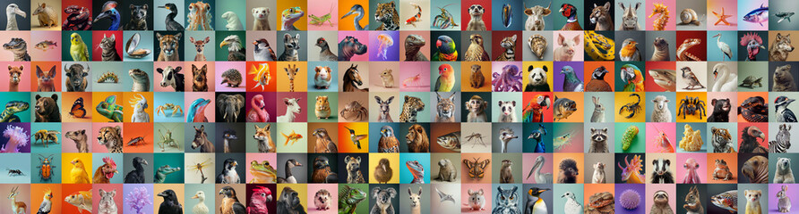 Panorama of many different wild animal studio portraits