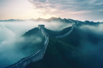Photo sur Plexiglas Mur chinois Aerial View of the Great Wall of China, Ancient Wonder Spanning Thousand Miles, The Great Wall of China in the mist, lying long, surrealist view from drone photography, AI Generated