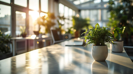 Clean, modern empty office setting with green houseplant - obrazy, fototapety, plakaty