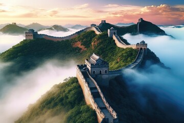 A stunning aerial perspective captures the grandeur and history of the Great Wall of China, The Great Wall of China in the mist, lying long, surrealist view from drone photography, AI Generated - obrazy, fototapety, plakaty