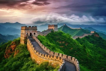 Fotobehang The Great Wall of China Standing Proud Against a Cloudy Sky, The Great Wall of China in the mist, lying long, surrealist view from drone photography, AI Generated © Iftikhar alam