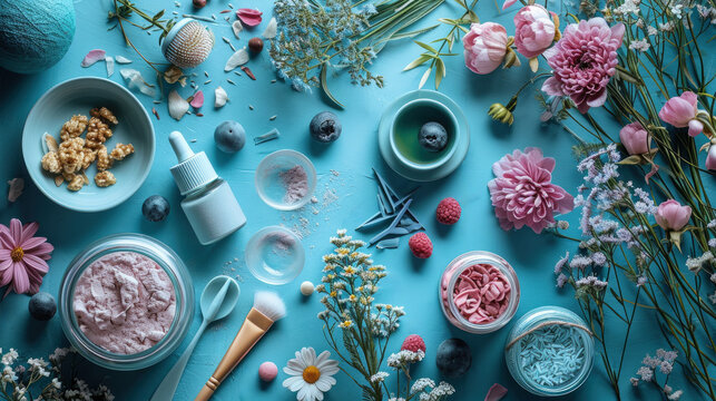 Pastel colored flat lay of natural beauty products and ingredients