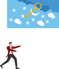 A businessman runs to catch a gold key that is falling from the sky, The Pursuit of Opportunity, Chasing Success