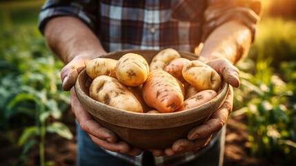 Farmer in a field holding freshly harvested potatoes in a bowl