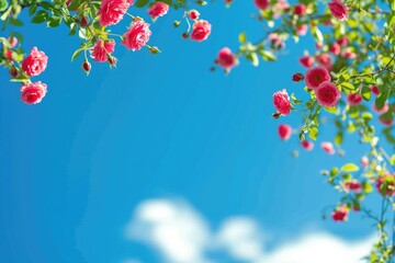Beautiful Spring Border, Blooming Rose Bush on A Blue Background. Flowering Rose Hips Against the Blue Sky