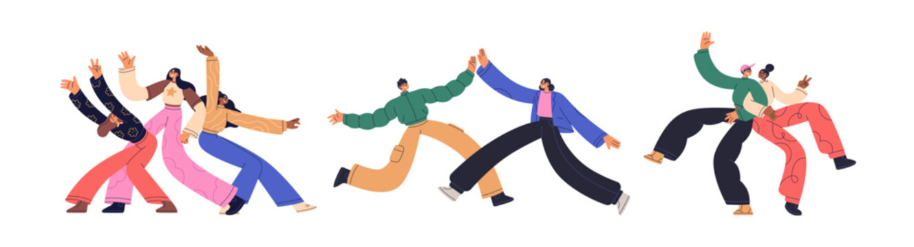Happy best friends set. Young excited characters having fun, dancing, hugging, high five. Joyful people, men and women. Friendship concept. Flat vector illustrations isolated on white background