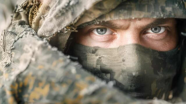 A closeup portrait of an airsoft players intense stare, peering out from behind a camouflaged mask.