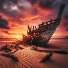 Fototapeten Abandoned shipwreck sits on sun-bathed beach © robfolio