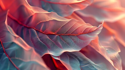 Macro shot capturing intricate patterns in aspen and cedar leaves, with coral and aqua tones.