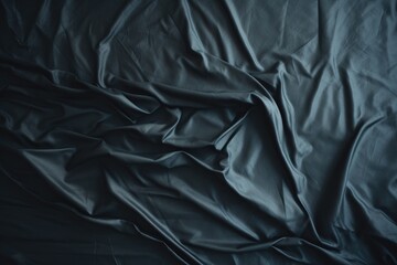A black sheet neatly spread over a bed, creating a sleek and minimalist look, Top view of an unmade black bed with a crumpled sheet, AI Generated