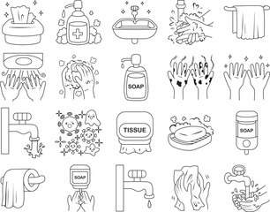 Hand wash icons for education include water, sink, hand, etc.