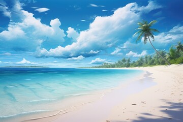 Fototapeta na wymiar This photo showcases a vibrant painting of a tropical beach, featuring lush palm trees against a clear blue sky, tropical beach panorama, seascape with a wide horizon, AI Generated