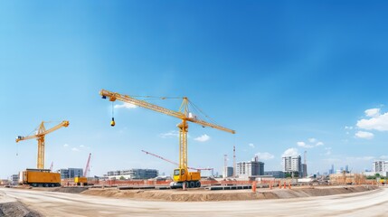 Fototapeta na wymiar Panoramic view of a construction site with a yellow crane and blue sky
