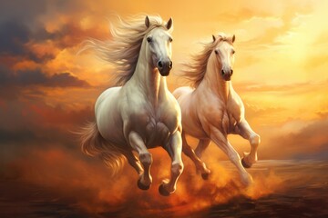 Obraz na płótnie Canvas A captivating moment captured in a photograph as two majestic white horses gallop freely against a breathtaking sunset, Two beautiful horses gallop at sunset, AI Generated