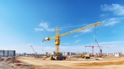 Panoramic view of a construction site with a yellow crane and blue sky