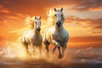 Obraz na płótnie Canvas Two majestic white horses harmoniously galloping through the tranquil ocean waters, illuminated by the golden hues of a breathtaking sunset, Two beautiful horses gallop at sunset, AI Generated