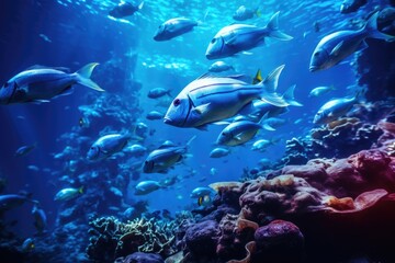 Naklejka na ściany i meble This captivating photo showcases a large aquarium filled with an impressive variety of fish, Underwater, divers, shoals of fish, 8k Ultra HD, AI Generated
