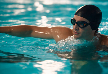 Young man in goggles and cap swimming butterfly stroke style in the pool