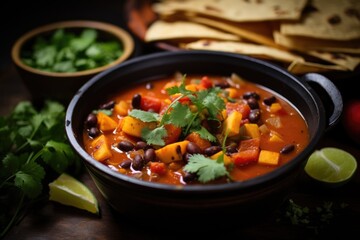 A delectable Mexican soup garnished with tortilla chips and fresh cilantro, perfect for a flavorful and satisfying meal, Vegetarian vegan Sweet Potato Mexican Tacos Soup, AI Generated