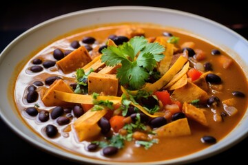 A delicious and nutritious bowl of vegetarian soup filled with beans, tofu, and cilantro, Vegetarian vegan Sweet Potato Mexican Tacos Soup, AI Generated