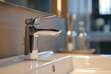 Closeup Of Sleek Chrome Bathroom Faucet For Home Remodeling And Plumbing