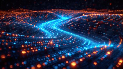 Fototapeta premium Modern technology and science concept with futuristic abstract background. Digital network and cyber communication. Glowing lines. Blue and bright tech illustration. Future of computing internet