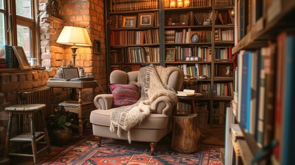 Cozy Hygge Reading Nook Curl up with a good book and a warm blanket. An oversized armchair beckons surrounded by stacked bookshelves and vintage lamps.