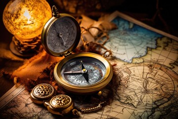 A compass sits on top of a map, providing a navigational tool for direction and orientation, Vintage map, compass, and an old book on a historical map background, AI Generated