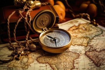 A compass sits on top of a map, offering a reliable tool for precise navigation, Vintage map, compass, and an old book on a historical map background, AI Generated