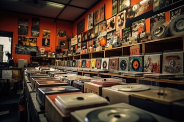 A room filled with countless vinyl records neatly organized on shelves, Vintage record store with rows of vinyl records and cassette tapes, AI Generated