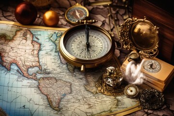An interactive map featuring a compass and various tools to aid in navigation and exploration, Vintage map, compass, and an old book on a historical map background, AI Generated