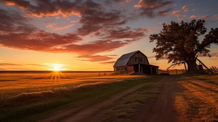 Rustic farm with granary and golden sky at sunset - obrazy, fototapety, plakaty
