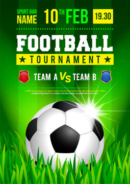 Football tournament poster design vector illustration. Soccer ball on green grass field