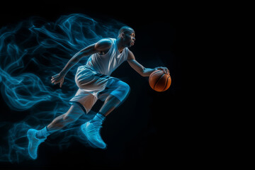 Dynamic Basketball Player In Motion, Isolated On Black Background, Exuding Energy And Determination - obrazy, fototapety, plakaty