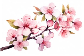 A delicate painting capturing the beauty of a branch adorned with vibrant pink flowers, Watercolor cherry blossom, Vector illustration isolated on a white background, AI Generated