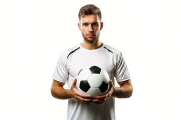 Enthusiastic Soccer Player Proudly Holds The Ball, Isolated On White Background